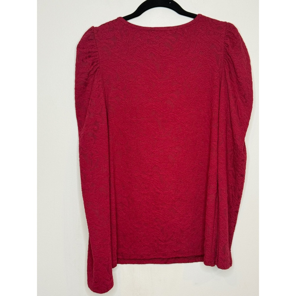 BiBi Red Textured Jacquard Puff Long Sleeve V-Notch Neck Blouse Top Medium